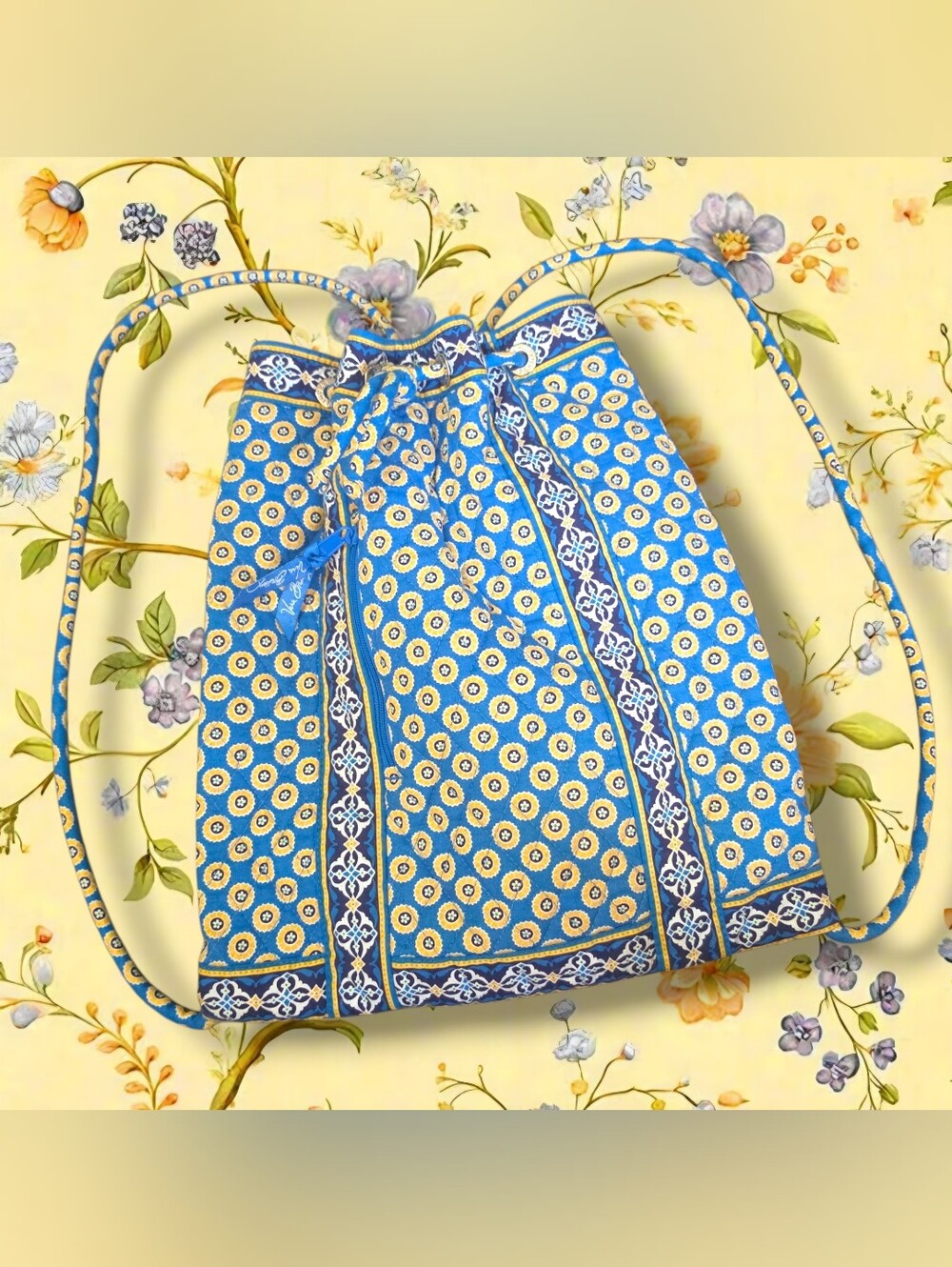 Vera Bradley Bright Blue and Yellow Floral Drawstring Sling Backpack
